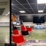 Avant/Après: mur gris métamorphosé en vaisseau spatial par habillage adhésif