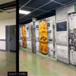 Avant/Après: porte grise métamorphosée en sas de vaisseau spatial par habillage adhésif