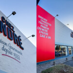 Façade extérieure avec toile Slimbox effet briques et lettres boîtiers installée par LightAir à Saint Bonnet de Mure pour le déploiement d'enseignes multi-sites des Boucheries André (vue en zoom de la toile et de l'enseigne en relief).