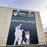 Grande toile tendue SlimBox éclairée par des spots sur la façade latérale, accompagnant l'enseigne LightBox du DO&KA de Chatte.